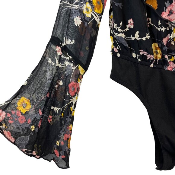 New‎ Band Of Gypsies Black Floral Sheer Long Sleeve Bodysuit Size S Whimsygoth - Picture 5 of 12